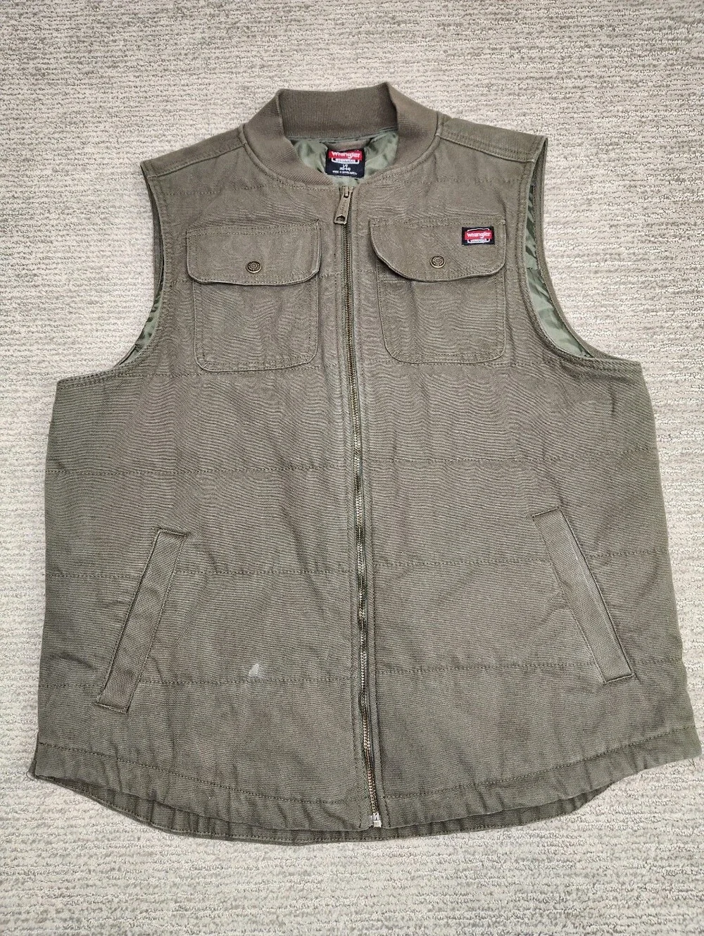 Wrangler Workwear Quilted Canvas Vest Mens Large Olive Green Full Zip Barn Chore
